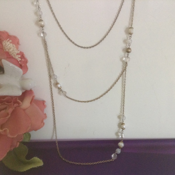 Beaded Sautoir Necklace 40" Multi-chain Faux Pearls Lucite Beads Vintage Boho Chic  Jewelry Gift