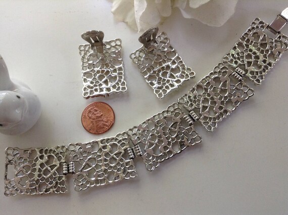 Filigree Bracelet Earring Set Metal Silver Fold-O… - image 3