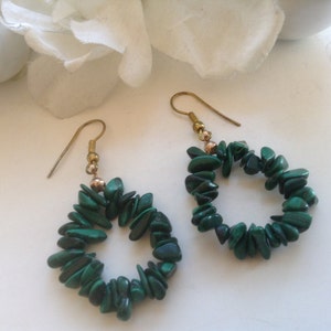 Malachite Hoop Earrings Pierced Chips Handmade Aritsan Green Stone Gemstone Vintage Boho Gift Saint Patrick