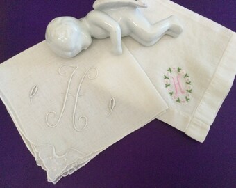 Wedding Handkerchiefs Set of 2 Monogrammed Letter H Bride “something old” Heirloom Mother Bride Baptism Christening Communion  Gift