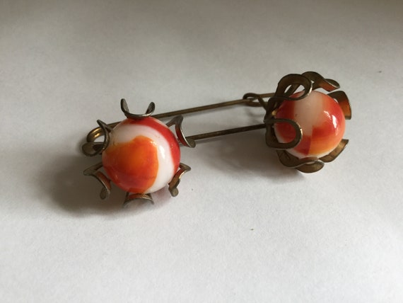 Vintage Caged Marble Kilt Pin Brooch Sweater Oran… - image 2