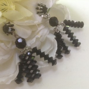 French Jet Black Chandelier Clip Earrings Faceted Drop Dangling Vintage Silver Formal Mourning Bohemian Chic Gothic Wedding Gift  Bohemian