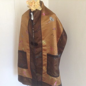 Long Silk Shawl Pockets Muffler Embroidered Butterflies Fur Buttons Brown Gold Original Label Evening Scarf Formal Asian Double Sided Gift