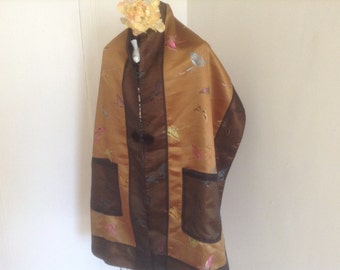 Long Silk Shawl Pockets Muffler Embroidered Butterflies Fur Buttons Brown Gold Original Label Evening Scarf Formal Asian Double Sided Gift