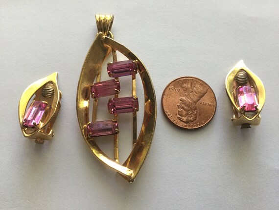 Pink Sapphire Emerald Cut Glass Jewelry Set Penda… - image 3
