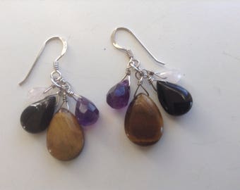 Sterling Silver Gemstone Dangling Earrings Pierced Amethyst Tiger Eye Onyx Quartz 925 Multicolored Boho Hipster Retro Organic Gift