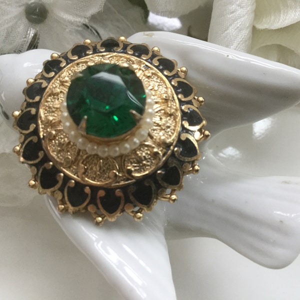 Karu Emerald Glass and Seed Pearl Pin Brooch 50s Enamel Bridal Bouquet Green Winter Wedding Floral Romantic Holiday Mother Collectible Gift