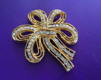 Rhinestone Bow Pin Brooch Ribbon Holiday Costume Statement  Dressy Xmas New Year Stocking Stuffer Vintage Wedding Mother Teacher Gift Bridal