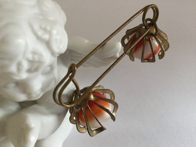 Vintage Caged Marble Kilt Pin Brooch Sweater Orange Swirl Milk Glass Brass Preppy Safety Pin Skirts Scarf Belt Collar Accessory Gift image 8