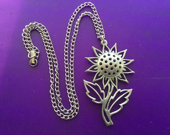 Reed Barton Sunflower Pendant Necklace 24" Pewter Openwork Flower Floral Vintage Wedding Bridal Bouquet Mother of the Bride Gift Gardener