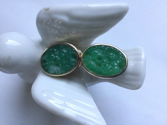 Vintage Jadeite Carved Earrings Clips Oval Green … - image 9