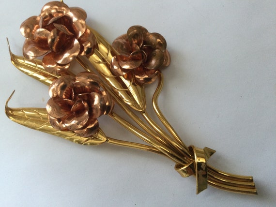 Art Deco Large Rose Pin Brooch Gold and Copper To… - image 2