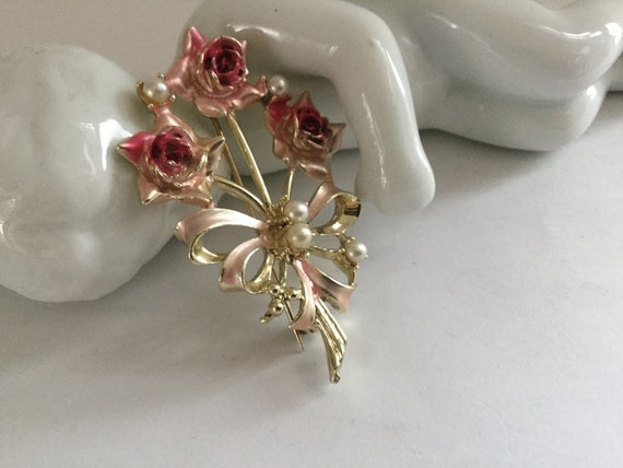 Pink Enamel Rose Pin Brooch Faux Pearl Corsage Fl… - image 6