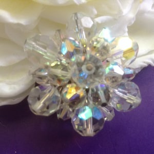 Aurora Borealis Crystal Brooch Pin Vintage faceted bead 60s cluster snowflake Silvertone Bridal Jewelry Wedding Floral Bouquet