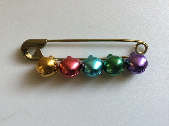 Jingle Bell Safety Pin Brooch Vintage Multicolor … - image 1