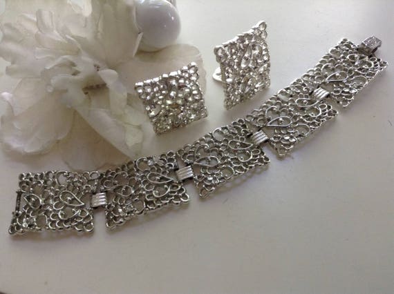 Filigree Bracelet Earring Set Metal Silver Fold-O… - image 1
