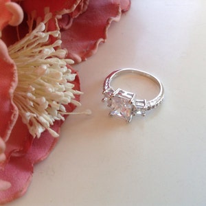Emerald Cut CZ  Engagement Ring 925 Size 8 Sterling Silver 3 Stones Statement Cocktail  Wedding Bridal Anniversary Promise Valentine Gift