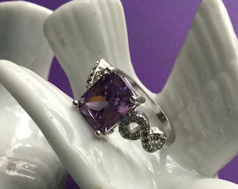 18K WGF Amethyst Ring Emerald Cut CZ Band Size 8 February Bride Prom Statement Cocktail Wedding Bridal Anniversary Promise Valentine Gift