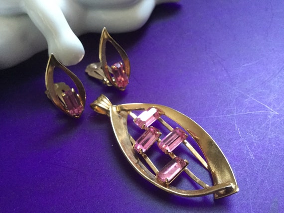 Pink Sapphire Emerald Cut Glass Jewelry Set Penda… - image 6