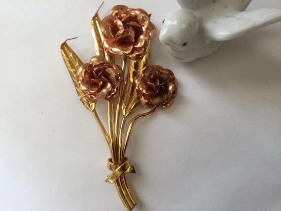 Art Deco Large Rose Pin Brooch Gold and Copper To… - image 4
