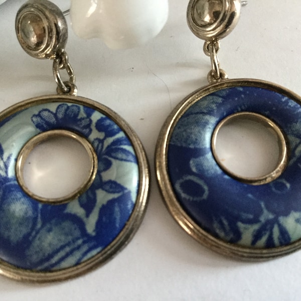 Edgar Berebi Ceramic Hoop Earrings Studs Drop and Dangle  Floral Blue Silver Delft Colors Estate 80s Summer Birthday Gift