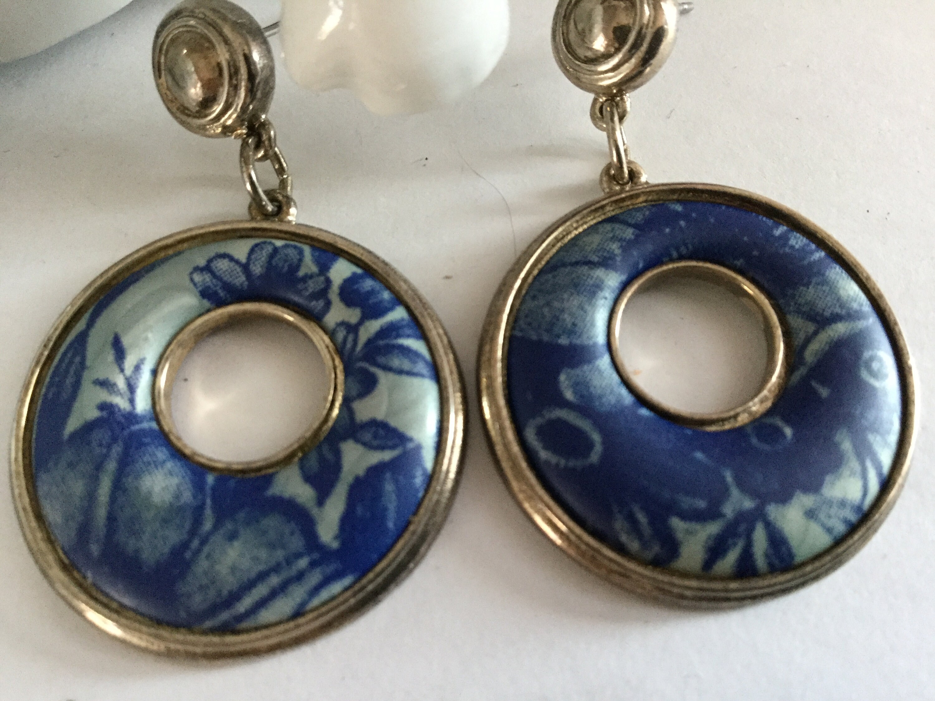 Edgar Berebi Ceramic Hoop Earrings Studs Drop and Dangle  Floral Blue Silver Delft Colors Estate 80s Summer Birthday Gift