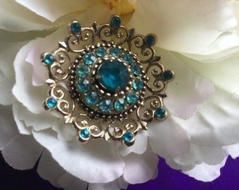 Coro Pegasus Blue Topaz Brooch Pin "Something Blue" 50s Round Filigree Bride Bridal Bouquet Vintage Costume Wedding Mother December Gift