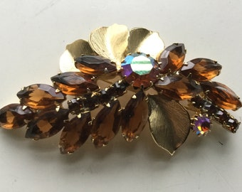 Vintage Topaz Rhinestone Leaf Brooch Pin Aurora Borealis Juliana Style Bouquet Pin Fall Bridal Accessory Sash Gift November Christmas