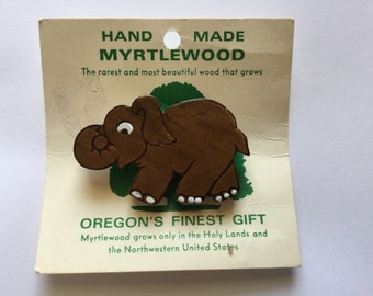 Vintage Myrtlewood Elephant Brooch NOS Handmade Oregon Pacific NW Tourist Souvenir Whimsical Jungle Zoo Lucky Child Gift Wood  60s  Gift