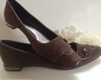 Giorgio Armani Metal Trim Suede Shoes EU 35.5 Brown Couture Botton Italian Shoes Made in Italy