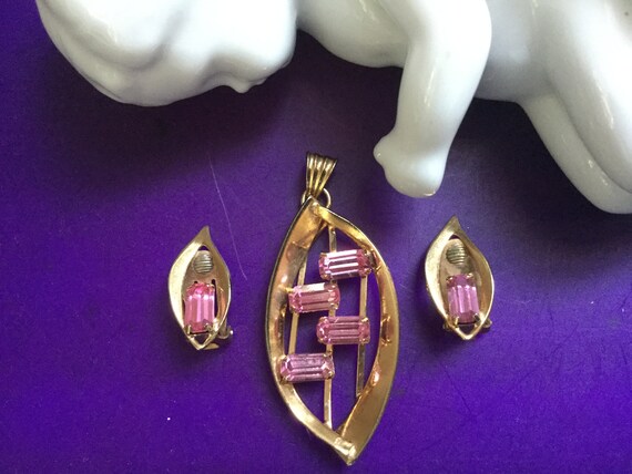 Pink Sapphire Emerald Cut Glass Jewelry Set Penda… - image 1