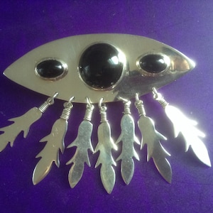 Taxco Onyx Sterling Silver Brooch Pin 36.39 Grams Black Dangling Feathers 925 Mexico Signed TC-119 Mexican Large Southwestern chic modern