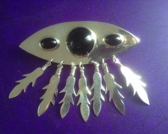 Taxco Onyx Sterling Silver Brooch Pin 36.39 Grams Black Dangling Feathers 925 Mexico Signed TC-119 Mexican Large Southwestern chic modern