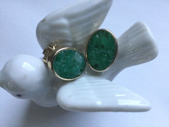 Vintage Jadeite Carved Earrings Clips Oval Green … - image 6
