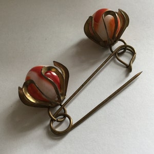 Vintage Caged Marble Kilt Pin Brooch Sweater Orange Swirl Milk Glass Brass Preppy Safety Pin Skirts Scarf Belt Collar Accessory Gift image 5