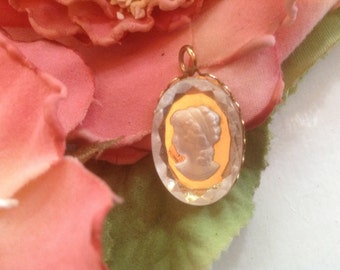 Vintage Lucite Cameo Pendant Charm Enhancer Carved Victorian Revival Vintage Wedding Womans Silhouette Gold Tone Metal Clear Jewelry Gift