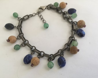 Vintage Cha Cha Stone Dangle Charm Bracelet 8.5" Adjustable 925 Clasp Link Chain Wood Blue Green Brown Artisan Healing Homeopathic Gift