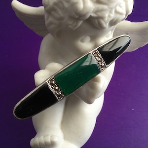 Art Deco Bar Pin Brooch Sterling Marcasite Black Green Enamel  Mourning Jewelry Gatsby Party Flapper  Gift