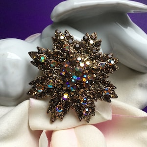 Citrine Rhinestones Star Pin Brooch Aurora Borealis Fall Wedding Autumn Vintage Bride Bridal Accessory  Gift