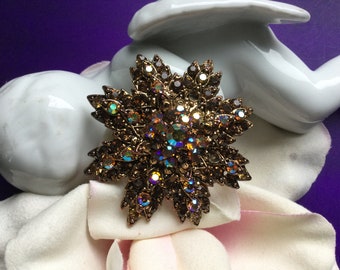 Citrine Rhinestones Star Pin Brooch Aurora Borealis Fall Wedding Autumn Vintage Bride Bridal Accessory  Gift