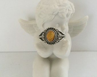 Amber Ring Size 5 1/2 Vintage 925 Sterling Oval Shape Retro Boho  Gift