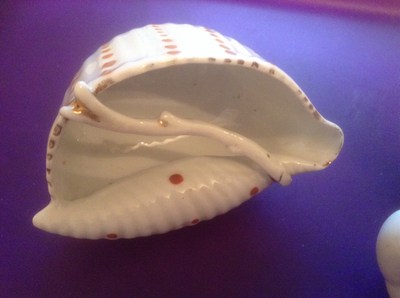 Puede incluir: Una concha de porcelana blanca con ribete dorado y puntos rojos. La concha est&aacute; abierta y tiene una peque&ntilde;a rama en su interior.