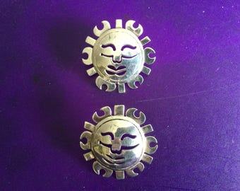 Sterling Sun God Earrings Stud Mexico Vintage 50s Southwest Tribal 925 TR-142 Face Face Open Work Artisan MCM Birthday Gift