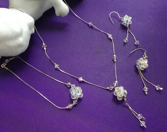 Conjunto de joyería nupcial de cristal 925, collar, pendientes, pulsera, aurora boreal, plata esterlina, floral, dama de honor, graduación, NOS, racimo de cristal AB, boda