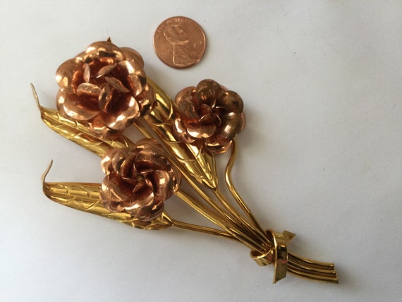 Art Deco Large Rose Pin Brooch Gold and Copper To… - image 6