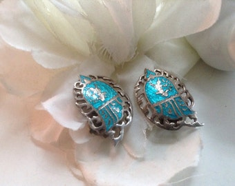 Siam Sterling Silver Clip On Earrings Blue Enamel Nielloware Siam Goddess Lightning Nekkala Leaf Flame Etched  Damascene Asian Vintage Gift