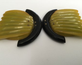 Vintage Bakelite Clasp Belt Buckle Rippled Chartreuse Yellow-Green Brown 1930 Original Label Kaywin Novelty CO. NYC "Gift For Her"