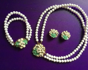 Milk Glass Jewelry Set Necklace Bracelet Earrings Clips 1940 Green Flowers Rhinestones White Beads Bridal  Wedding Cottage Chic Costume Gift