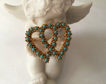 Turquoise Glass Double Heart Pin Valentine February Victorian Style Wedding Love Friendship  Brooch Romantic  Bridal Sweetheart  Gift
