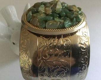 Chunky Green Stone Cuff Bracelet Bangle Etched Metal Hand Crafted Hippie Gift Retro Verdite Jade Chips St. Patrick Healing 60s